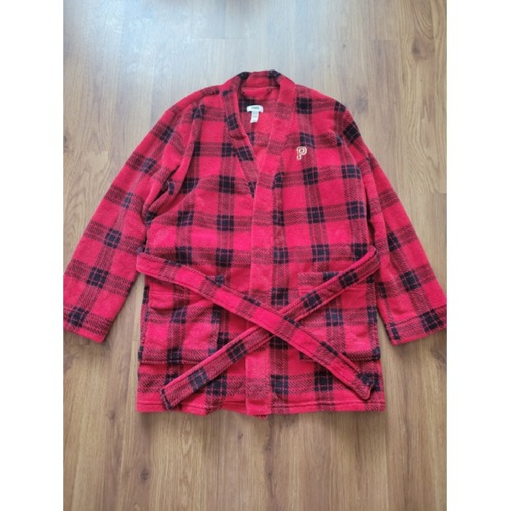 PINK Victoria's Secret Red Black Buffalo Plaid Fleece Robe M/L P Logo Belted
